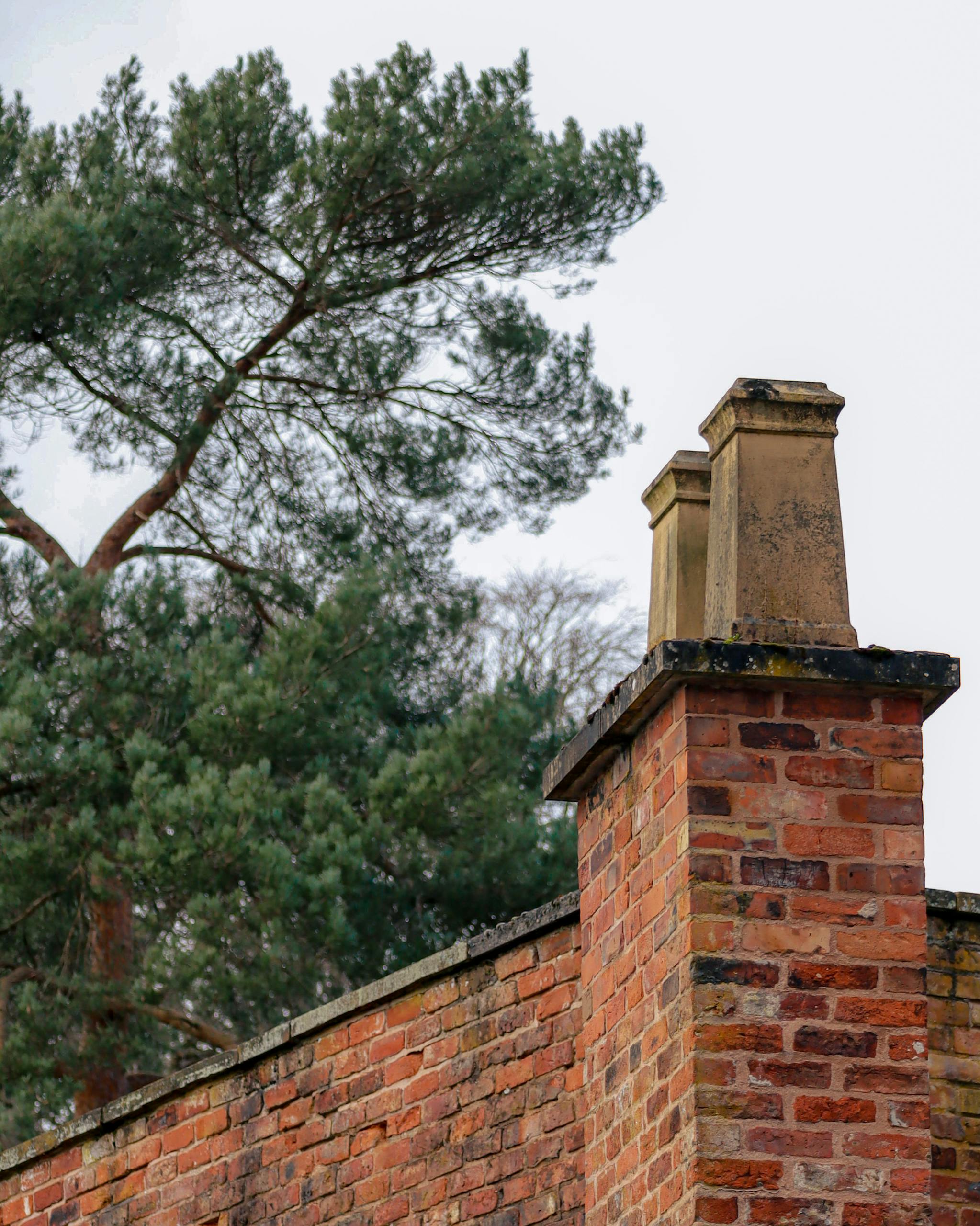 A classic brick chimney surrounded by lush greenery in an outdoor setting.
